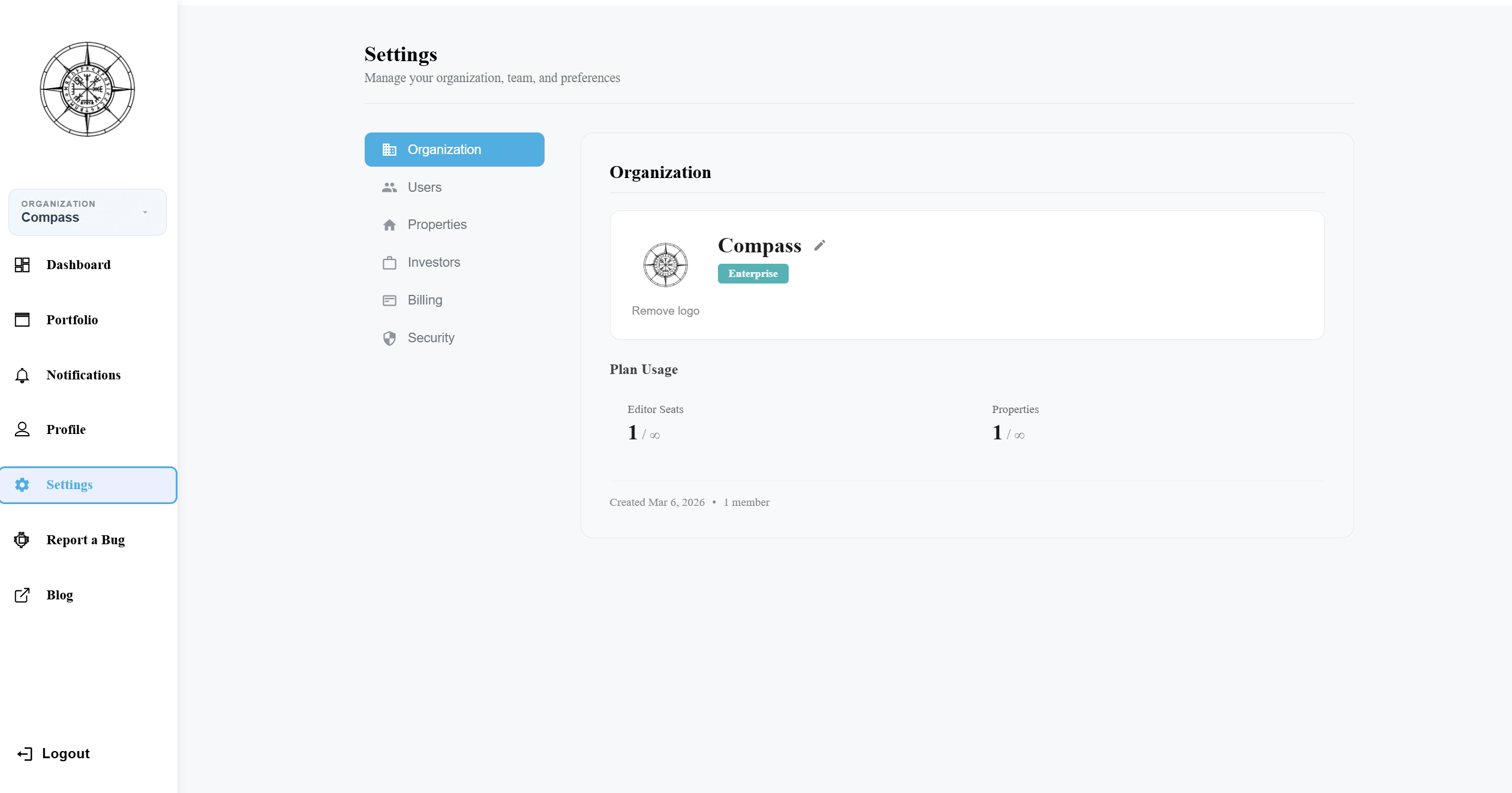 Settings page showing organization management, member roles, and plan details
